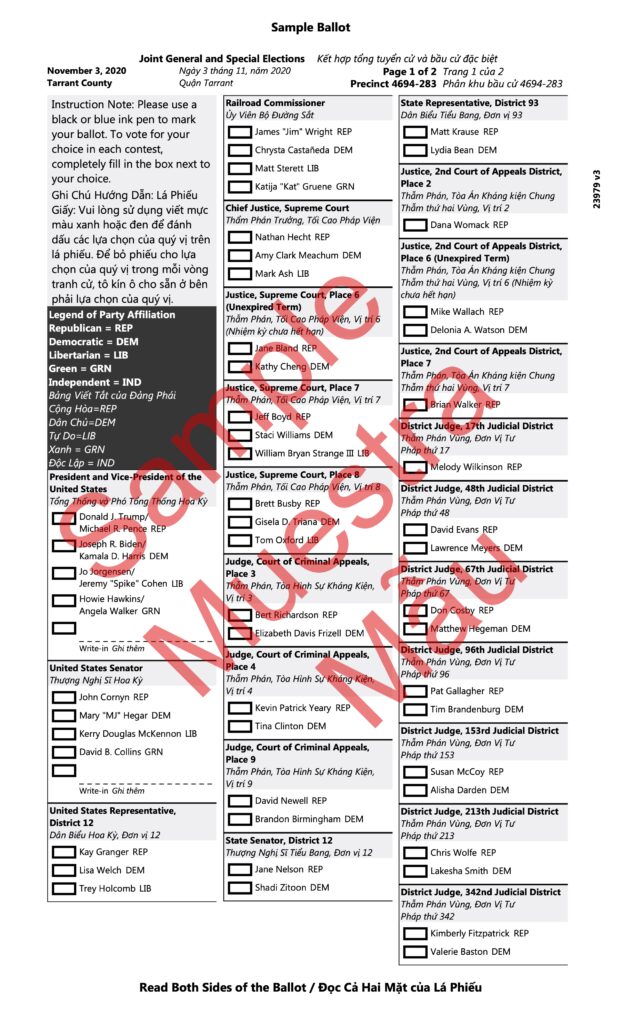 Sample Ballot Tarrant County Democratic Party