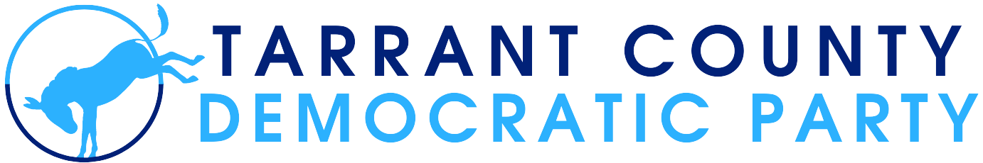 Banner logo for the Tarrant County Democratic Party. Features a bucking donkey silhouetted inside a circle on the left, and the words "Tarrant County Democratic Party" on the right, in light cyan and dark navy shades of blue.